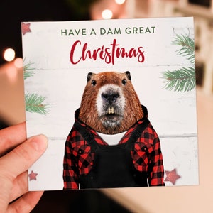 ¡Feliz Navidad! Un castor, un animal con ropa. Tarjeta navideña (Animalyser) (tamaño A6/A5/A4/cuadrado 6x6").
