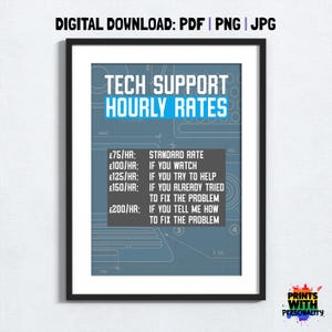 Tarifas por hora de soporte técnico: Impresión: Arte mural de oficina geek - Descarga digital PDF JPG PNG