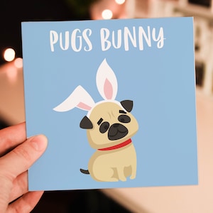Carlin, lapin, oreilles de lapin, chien, animal de compagnie, carte de Pâques mignonne et amusante pour adultes et enfants (taille A6/A5/A4/carré 6 x 6 pouces)