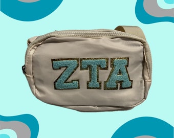 Custom Belt Bag with Chenille Patch - White Bag with Teal Patches Sorority Cosmetic Bag | Monogram Cosmetic Bag