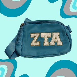 Custom Belt Bag with Chenille Patch Teal Bag with White Patches Sorority Cosmetic Bag Monogram Cosmetic Bag image 1
