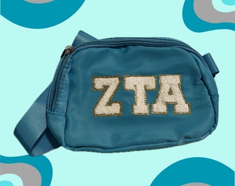 Custom Belt Bag with Chenille Patch - Teal Bag with White Patches | Sorority Cosmetic Bag | Monogram Cosmetic Bag