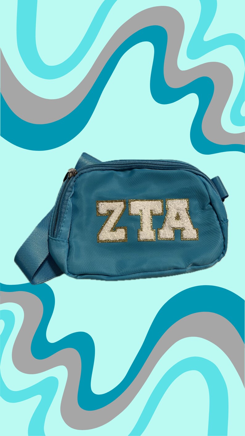 Custom Belt Bag with Chenille Patch Teal Bag with White Patches Sorority Cosmetic Bag Monogram Cosmetic Bag image 1