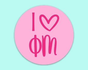 I Heart ΦΜ I Heart Phi Mu I Love Phi Mu Sorority Letters Sticker | 3" Wide  / Decal |  for Car, Laptop, Mug, Cup, Cooler, Planner