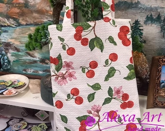 Handgemachte Cherry Tote Bag: Schultertasche aus dickem Baumwollstoff