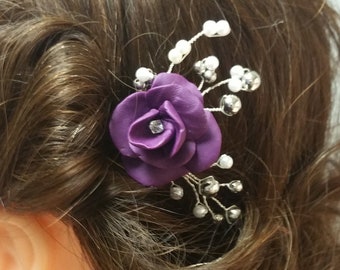 Purple rose with pearl and silver accents