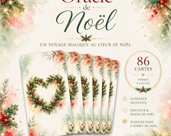 May include: A deck of 86 oracle cards titled Oracle de Noël, featuring a watercolor design of a holly wreath shaped like a heart. The cards measure 6 cm by 11.3 cm. The packaging includes text in French, holly illustrations, and golden accents.
