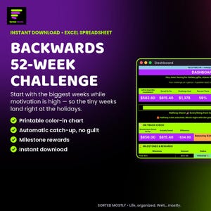 May include: A digital Backwards 52-Week Challenge Excel spreadsheet dashboard featuring a purple and lime green interface. The screen displays financial tracking data, including savings goals, progress bars, milestone rewards, and text detailing the challenge structure and automated features.
