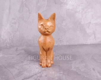 Wooden Cat Figurine, Wood Carving, Miniature, Ornament, Cat Statue, Kids Room Decor, Cat Sculpture, Home Decor, Cute Cat, Birthday Gift