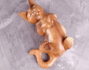 Lazy Cat Figurine, Sleeping Cat Statue, Wood Sculpture, Ornament, Cute Miniature, Cat Lover, Gift For Her, Home Decor, Office Decor