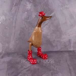 Handmade Wooden Duck Sculpture, Duck With Red Boots, Beach Decor, Ocean Theme, Wood Carving Statue, Gift, Home Decor, Wood Figure, Art Decor