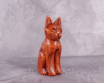 Wooden Cat Figurine, Wood Carving, Miniature, Ornament, Cat Statue, Kids Room Decor, Cat Sculpture, Home Decor, Cute Cat, Birthday Gift