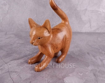 Wooden Cat Figurine, Wood Carving, Miniature, Ornament, Cat Statue, Kids Room Decor, Cat Sculpture, Home Decor, Cute Cat, Birthday Gift