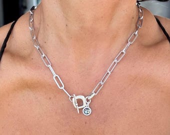 Handmade Silver Plated Chunky Chain Toggle Necklace, Swarovski Crystal Charm