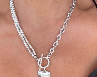 Heart pendant toggle clasp chunky silver chain and beaded necklace