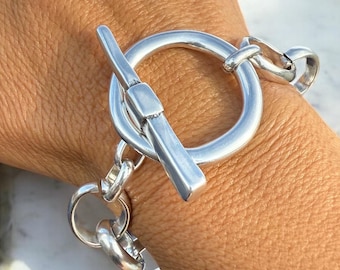 Artisian Chunky silver plated cuff bracelet with toggle bracelet,
