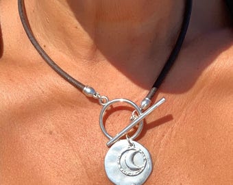 Artisian leather and silver plated bohemian necklace with Moon & disc pendant, handmade jewelry