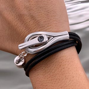 Artisian Leather Sterling Silver Plated Bracelet with toggle clasp and Swarovski Crystal, Bohemian Style