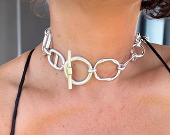 Chunky Silver Circles Necklace – Handmade Statement Chain with bold Toggle Clasp – Custom Length