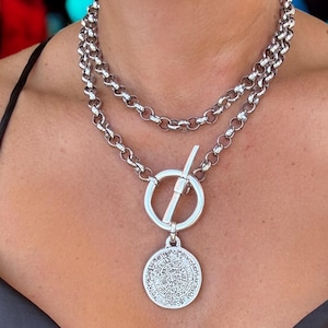 Layered Coin pendant Chain industrial necklace. Silver chunky necklace