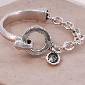 Chunky Silver Bracelet with Mixed Design Half Solid and chain Bracelet, Swarovski Crystal Charm