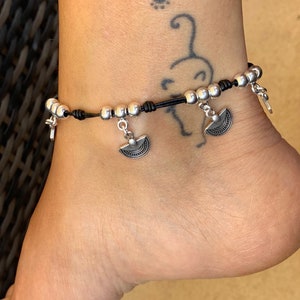 Leather ankle bracelet, bohemian anklet, summer anklet, charms anklet, bohemian anklet, tribal anklet, silver beaded anklet, gift for her