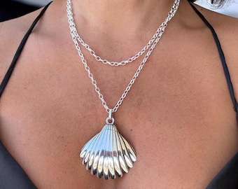 Trending silver plated long necklace with statement shell pendant