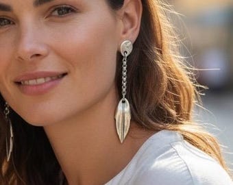 Long bohemian Silver chain and leaf drop earrings, handmade custom jewelry