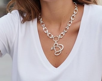 Chunky silberne Kette Herz-Anhänger-Halskette - mutige verstellbare Kette mit Statement-Design, mutige verstellbare Kette
