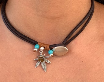 choker for women bohemian choker leaf choker Leather necklace wrap choker, marijuana leaf boho leather choker leather choker