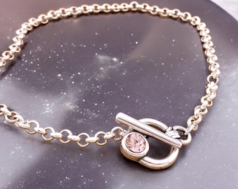 Chunky silver necklace made of sterling silver plated chain an Swarovski crystal, toggle clasp chunky necklace,
