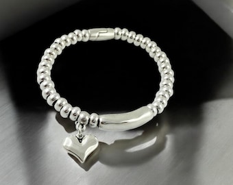 Chunky silver beaded bracelet with central tube charm and heart pendant, heart pendant silver chunky bracelet, special gift for women