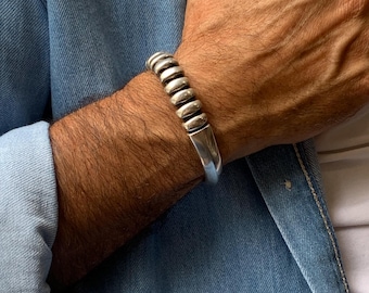 Men&#39;s silver metal heavy bracelet, men chunky  bracelet, thick silver bracelet for men, striking voluminous bracelet, unique men gift idea