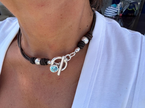 Handmade Leather Necklace with silver toggle clasp and Swarovski crystal