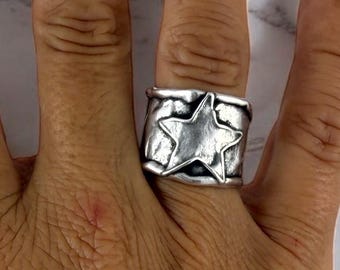 Chunky silver star ring – handmade statement band of with textured sculptural finish, wide matte silver open ring,  style