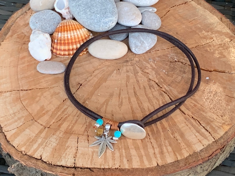 choker for women bohemian choker leaf choker Leather necklace wrap choker, marijuana leaf boho leather choker leather choker
