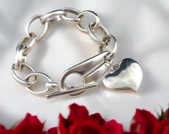 Herz Knebelarmband, Herz knebel silber Armband, dickes Kettenarmband, Herz Anhänger Armband, massives Kettenarmband, schweres Kettenarmband