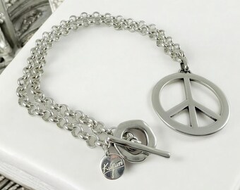 Big peace symbol pendant chunky chain silver necklace, statement pendant bold chain necklace, bulky necklace, uno de 50 style necklace