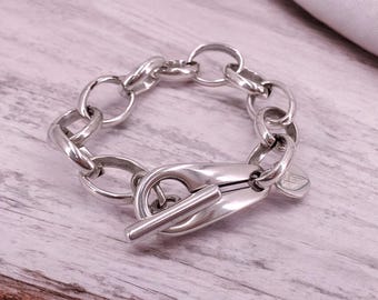 Chunky Silver Chain Bracelet – Bold Toggle Clasp cuff, Heavyweight handmade Jewelry
