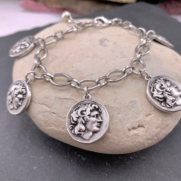 Greek coins pendant chain bracelet for women, dangle coins steel bracelet, gypsy style bracelet, bohemian coins bracelet ideal for women gif