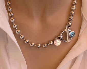 ball chain necklace, statement necklace, modern necklace, silver plated necklace, original necklace, designer necklace, uno de 50 style neck