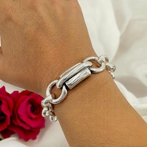 Dikke zilveren armband, gewaagde schakelarmband, dikke schakelarmband, omkeerbare armband, uno de 50-stijl, zwaargewicht armband, damescadeau