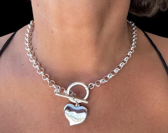 Chunky Silver Rolo Chain Necklace with Heart Pendant – Bold Toggle Clasp Choker for Women – Custom Length & Width Available,