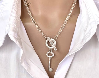 Chunky Kette Halskette, Schlüssel Anhänger Halskette, Silber Kette Halskette, mutige Kette Silberkette, 50er Stil Halskette, Toggle Verschluss Halskette