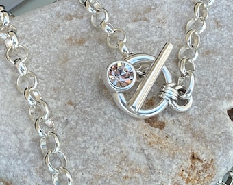 Chunky chain toggle clasp necklace with Swarovski accent- silver bold choker - edgy jewelry- Kukuri jewelry