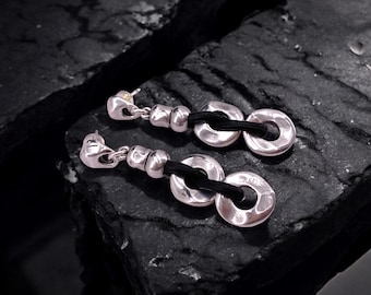 Chunky Silver-Plated oversized Chain Earrings with Spanish Leather – Artisan Statement Design by Kukuri -