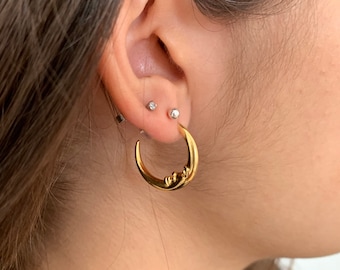 Crescent Moon Hoop Earrings – Gold Plated – Boho Everyday Jewelry – Handmade Kukuri Design