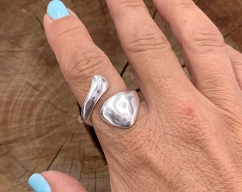 Chunky silver ring, hammered ring, water drop ring, statement silver ring, open band wide ring, oversize ring, , gift for her