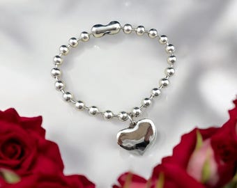 Pulsera de cadena de bolas de plata gruesas con colgante de corazón, pulsera de cadena de bolas llamativas, pulsera de cadena gruesa, regalo único para cumpleaños, regalo para mujer