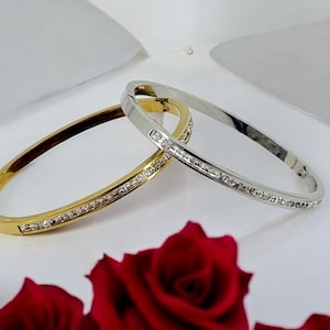 Silver or gold rigid bangle with zirconia, stainless steel bangle, gold or silver cuff, bohemian rigid bracelet, girlfriend birthday gift